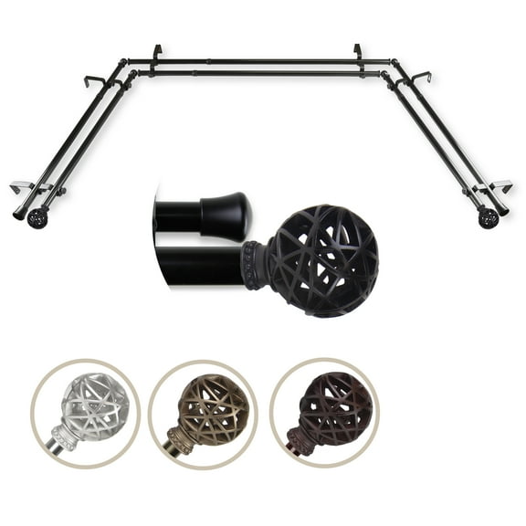 Central Design ABay-88-2D 0.8125 in. Arabella Bay Window Double Curtain Rod with Side Rod Extends Upto 20 to 36 in. & Center Rod Extends Upto 38 to 72 in., Black