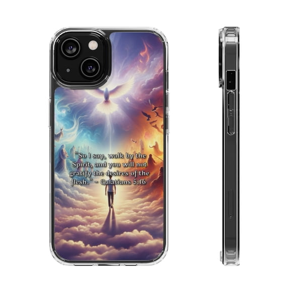DistinctInk Hybrid (Acrylic / TPU) Clear Slim Fit Case for Apple iPhone 14 (6.1" Screen) - "Galatians 5:16 - Walking by the Spirit's Guidance"