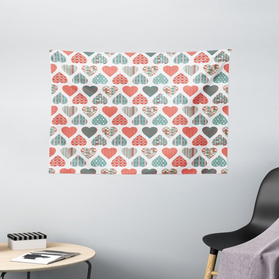 Valentines Tapestry, Retro Style Up and Down Hearts with Stripes Waves and Checkered Patterns, Wall Hanging for Bedroom Living Room Dorm Decor, 60W X 40L Inches, Teal Coral White, by Ambesonne