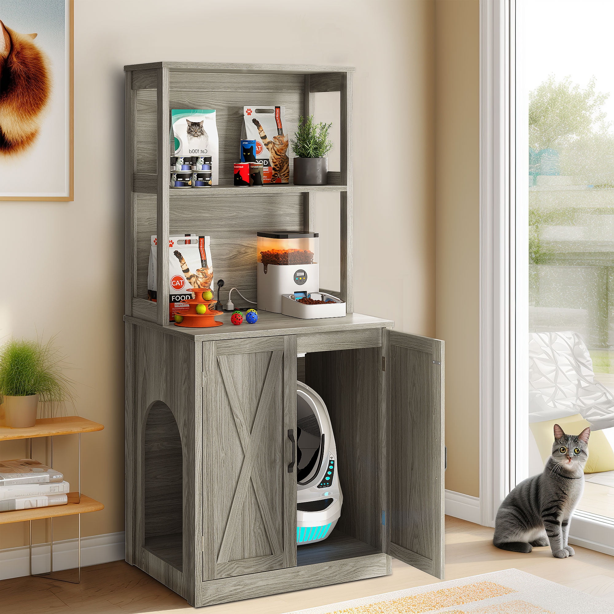 Dextrus Large Hidden Litter Box Enclosure with Shelves and Doors, Wooden Furniture, Grey