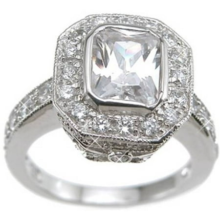 CZ Sterling Silver Rhodium Finish Emerald-Cut Antique-Style Wedding Ring