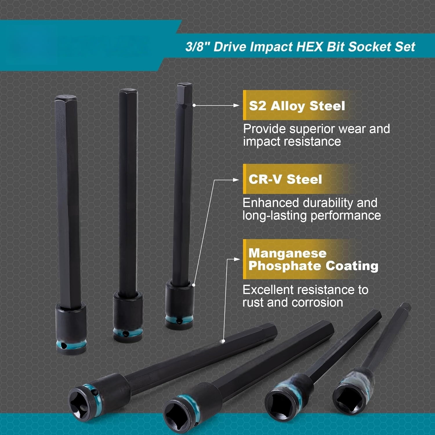 3/8" Drive Long Impact Hex Bit Socket Set, Allen Bit Sockets, S2 Steel Hex Head Sockets, 20PCS Allen Wrench Socket, SAE&Metric Allen Bit Socket Set, 6" Long Allen Key Socket, Blow Molded Box