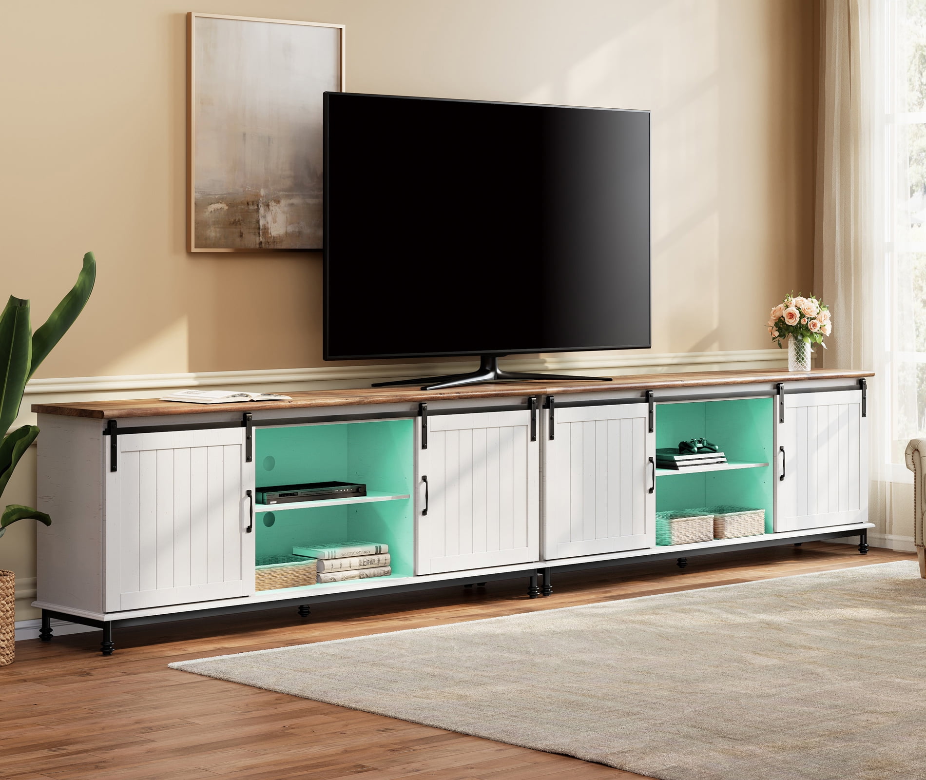2-in-1 Piece Inches TV Stand with 16 Colorful Led Lights, Wood Entertainment Center for livingroom, Console Table Storage Cabinet with Sliding Barn Door for 80 90 100 110 Inch TV