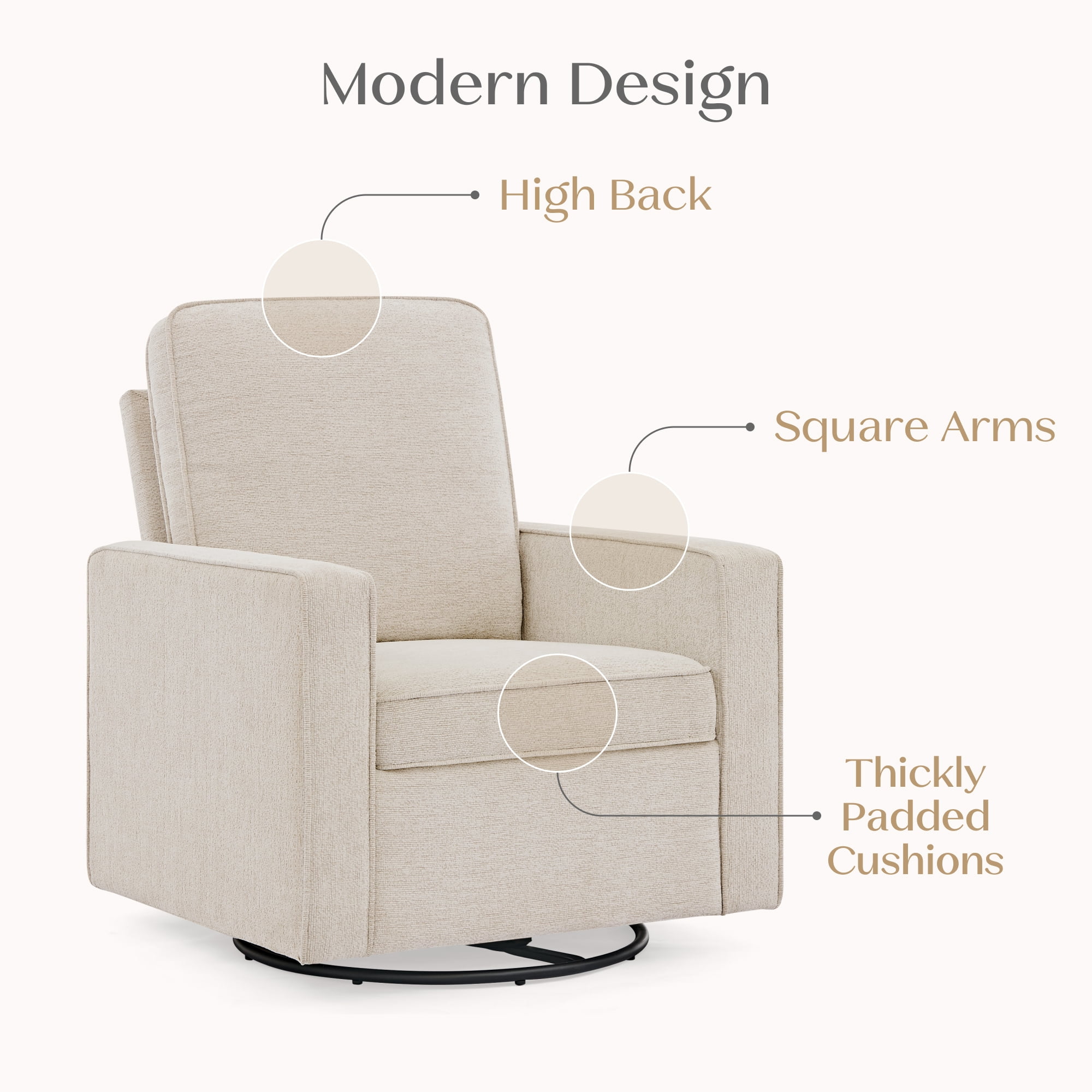 Delta Children Noah Upholstered Swivel Glider with Stain-Resistant Performance Fabric- Greenguard Gold Certified, Almond