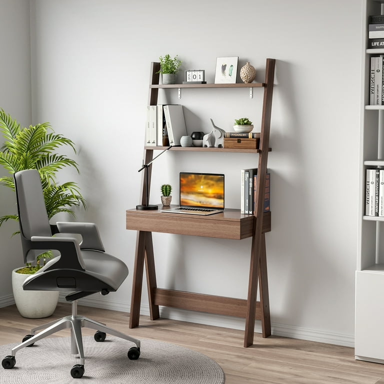 Costway Ladder Shelf Desk Bookcase w Countertop Drawer 2 Shelves Bookshelf Walnut
