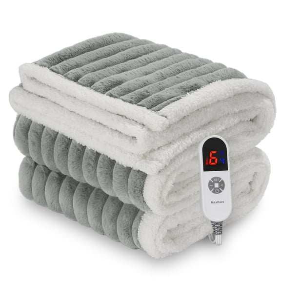 MaxKare Heated Throw Blanket, Soft Faux Fur & Shu Velvet Electric Blanket, 6 Heating Levels, 4 Hours Timer, Large LED Display, 50" x 60" Gray & White