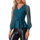 thumbnail image 4 of INSPIRAR CHIC Blusa de Malla de Manga Larga con Escote en V y Dobladillo con Volantes, Ajustada y Elegante, con Cinturón, Azul Pavo Real S, 4 of 5