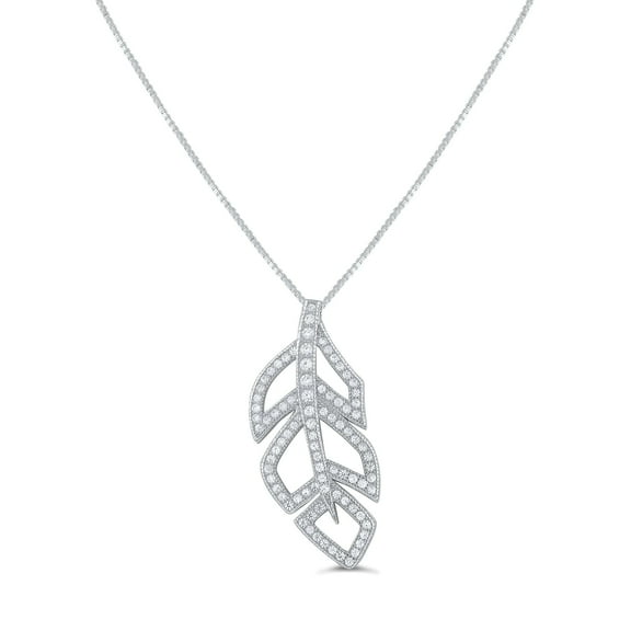 SilverCloseOut Womens Feather Cz Diamond Necklace, 18" Box Chain, Sterling Silver