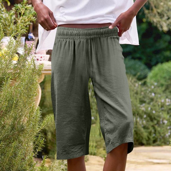 Shorts for Women Cotton Linen Blend Knee Length Bermuda Shorts Elastic Waistband Functional Pockets Solid Color Casual Daily Wear Summer Casual Beach High Waisted Elastic Women'S Shorts