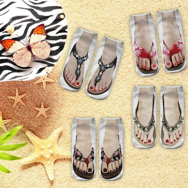 3d Pattern Socks Ankle Socks Funny Socks 4 Pairs Funny Flip Flop Manicure Print Socks 3D Pattern Socks Sandal Printed Socks Low Cut Ankle Socks Running Yoga Socks