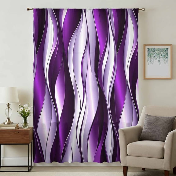 Purple Striped Ombre Sheer Curtains 96 Inches Long, Modern Purple Moire Geometric Light Filering Curtains, Privacy Drapes Simi Floor to Veiling Curtain for Living Room Bedroom Large Window Treatment
