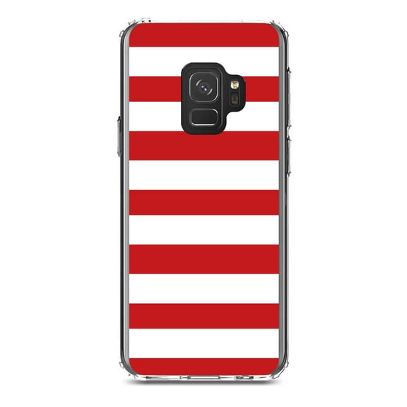 DistinctInk Clear Shockproof Hybrid Case for Samsung Galaxy S9 (5.8" Screen) - TPU Bumper, Acrylic Back, Tempered Glass Screen Protector - Red & White Bold Horizontal Stripes