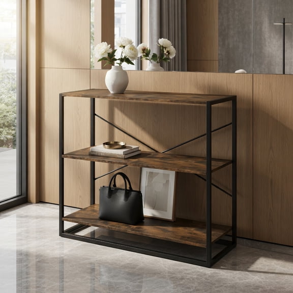 Resenkos 36" 2-Tier Entryway Console Table with Wooden Open Shelves & Metal Frame, Rustic Brown