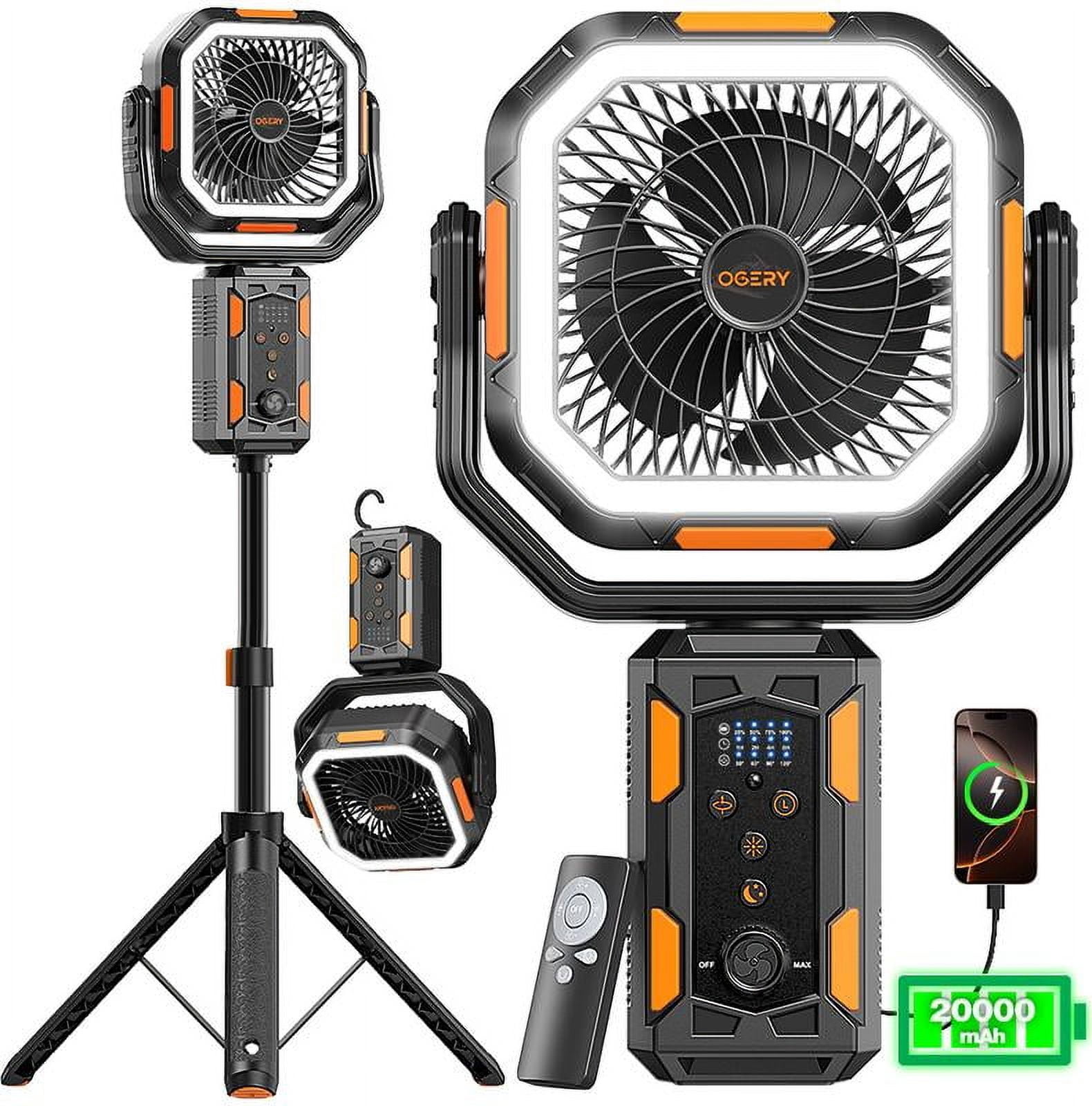 Camping Fan with Detachable Tripod,20000mAh Rechargeable Fan with LED Lights & 270° Pivot,4 in 1 Cordless Camping Fan,Remote Control Shaking Head Desk Fan for Camping Tent Travel Bedroom Portable