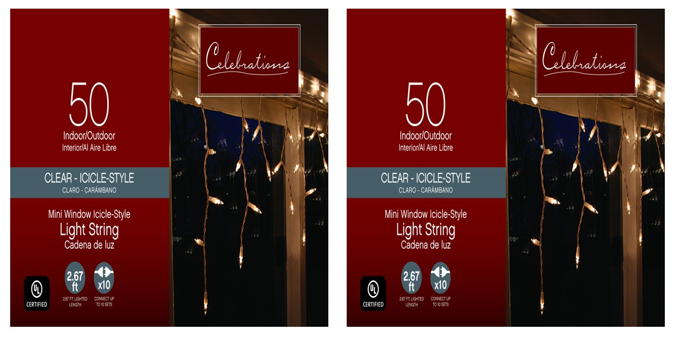 Celebrations 14098-73A Window Icicle Set, 3', 50 Lights, Bulb Color: Clear - 2 Pack