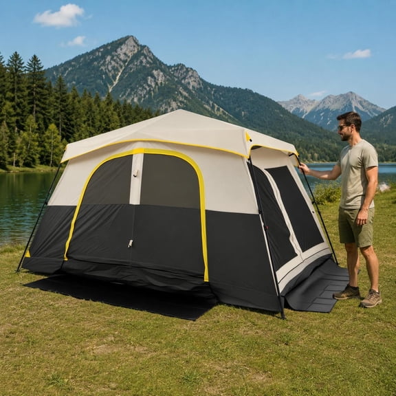 10 Person Instant Cabin Camping Tent with Rainfly, 13 Ft X 9 Ft, Portable Family Tent, Beige
