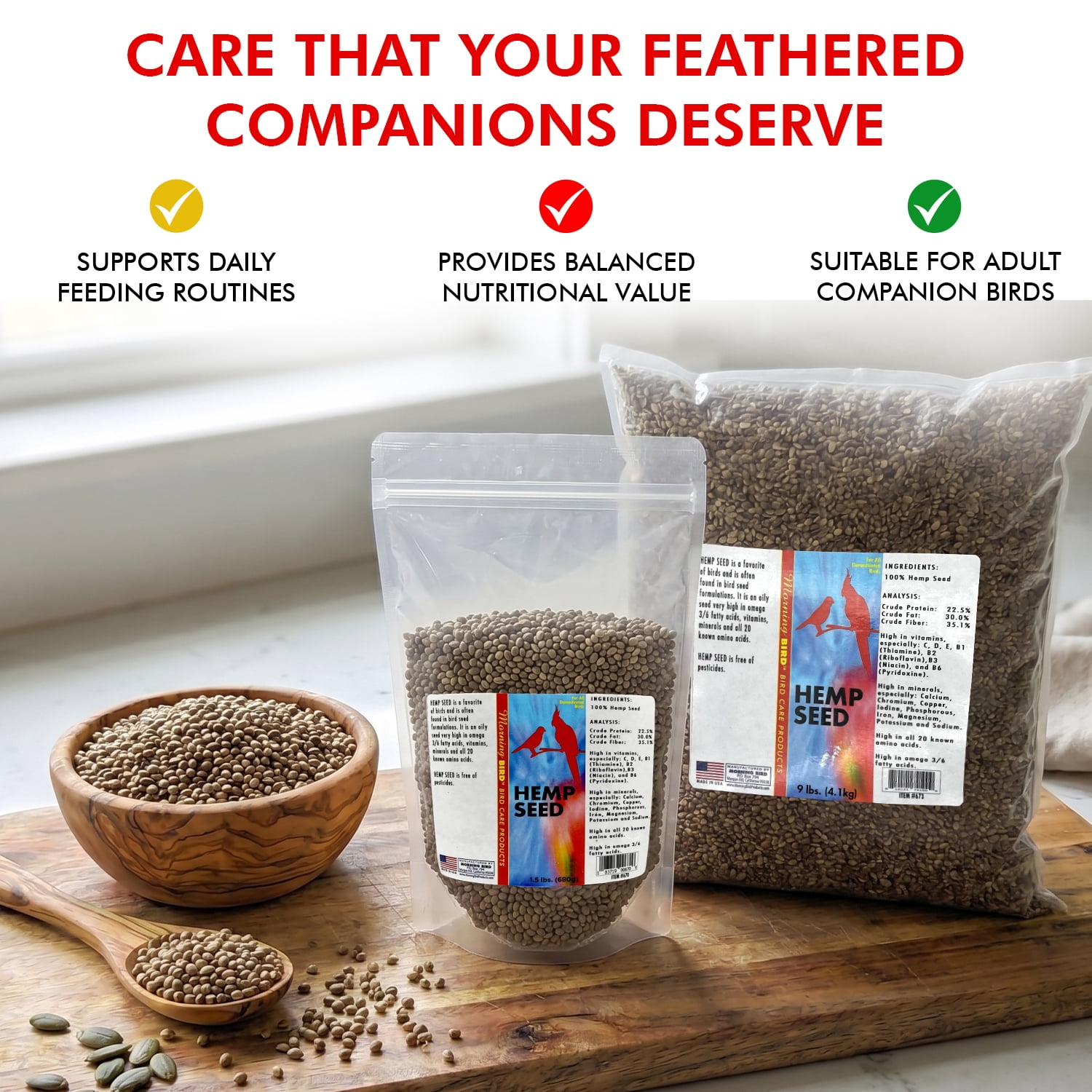 Morning Bird Hemp Seeds 18 lbs (2-Pack, 9 lbs Each) –  Bird Food for Parrots, Canaries & Finches – Natural Hemp Seed for Daily Nutrition