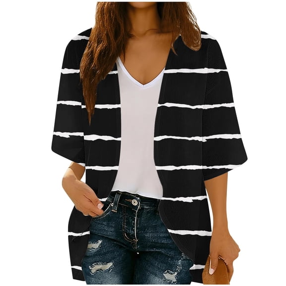 Purcolt Women's Striped Open Front Kimono Cardigans Casual Loose 3/4 Sleeve Summer Beach Tops Bathing Suit Cover Ups for Swimwear