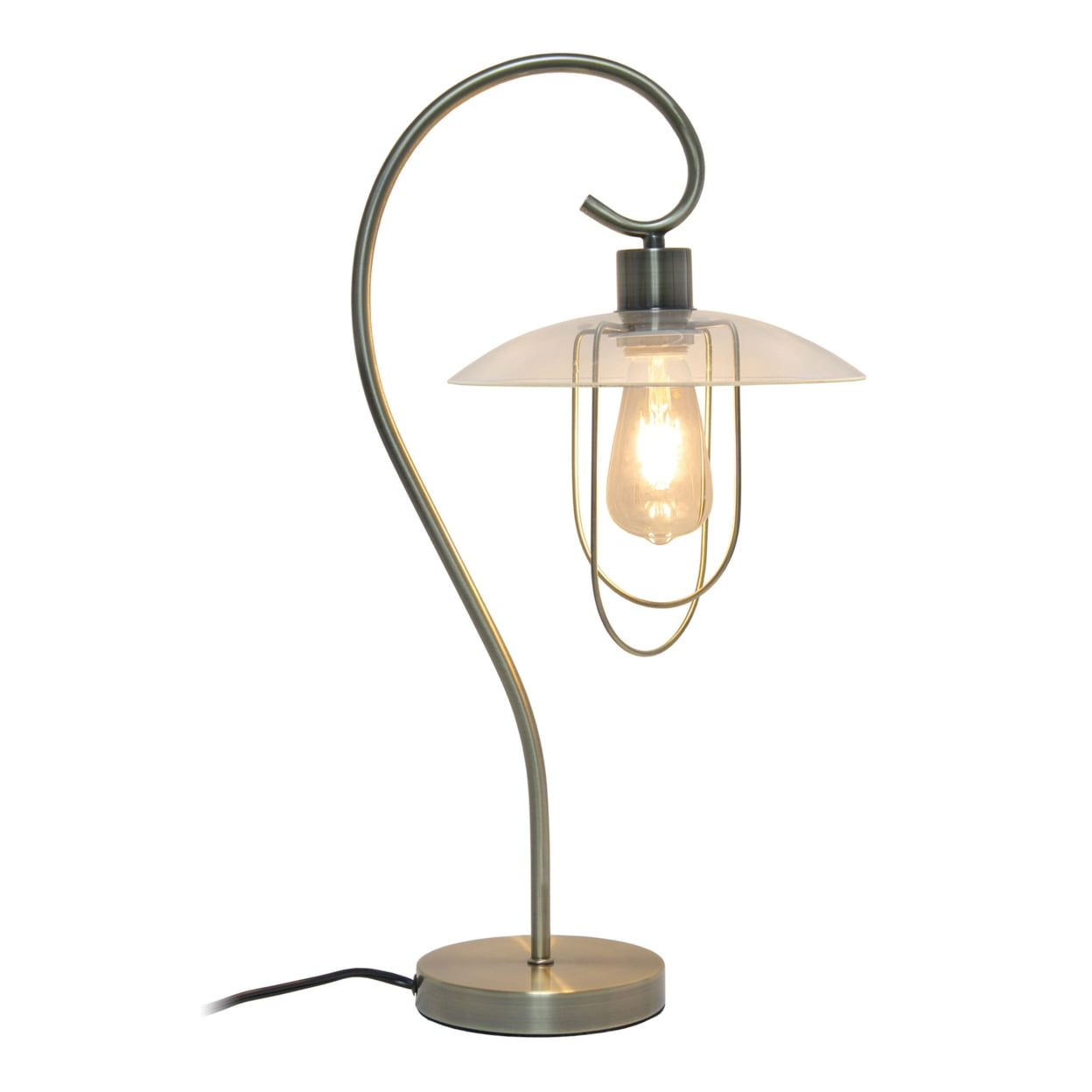 Simple Designs Modern Table Lamp with Curved Metal Base and Clear Glass Shade - Antique Brass