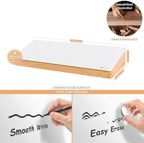Glass Desktop Whiteboard with Wood Organizer for Small Office Accessories, Aesthetic Desk Dry Erase White Board with Drawer for Home Office Cubicle, Marker & Eraser Included, Yeoux