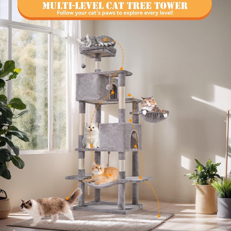 Kelno 66" Cat Tree Tower Durable Cat Climbing Tower with Sisal Scratching Posts Cozy Condo Hammock and Platforms, Light Gray