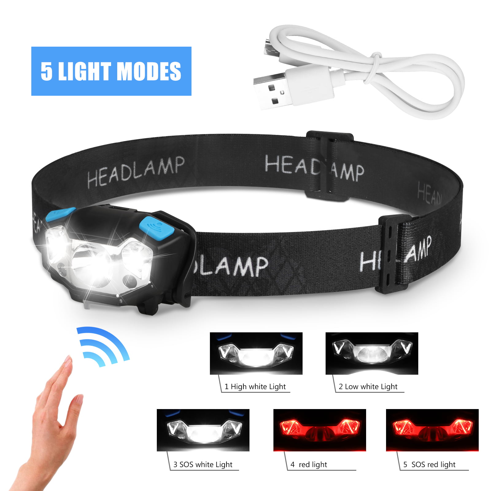 Comfortable Equipment for Running Camping Men Woman Kid Waterproof Super Bright Torch Best Bulb Lamp for Night Walking the Dog Headlamp LED USB Rechargeable White and or Red Light with 5 Modes