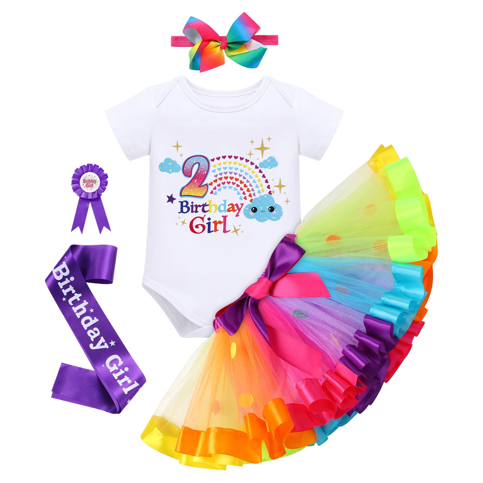 IBTOM CASTLE Toddler Baby Girl Unicorn 1st 2nd 3rd Birthday Outfit Romper + Rainbow Tutu Skirt + Headband + Sash + Badge 5PCS Princess Dress up Clothes Set for Cake Smash Photo Shoot