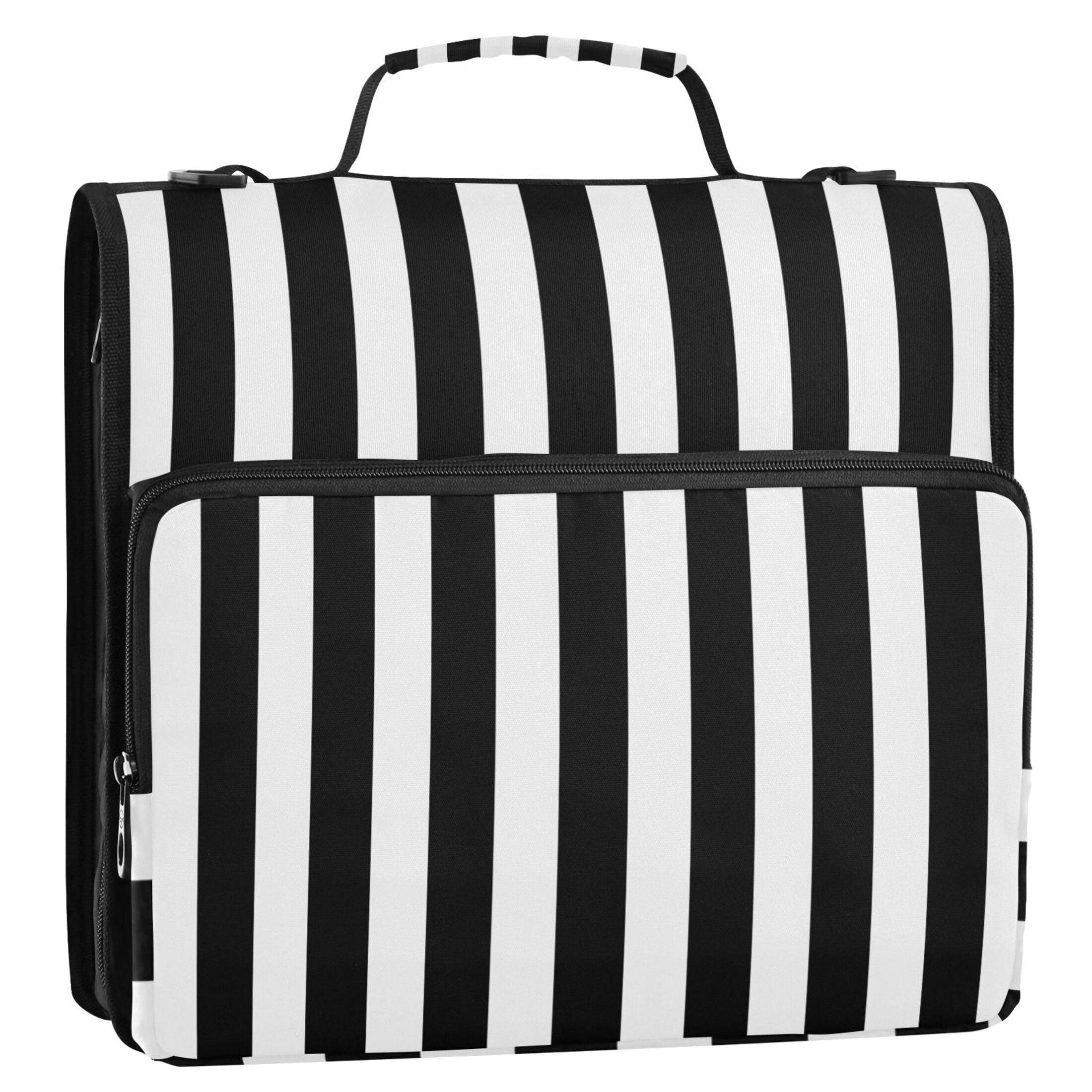 3 Ring Zipper Binder with Shoulder Strap Waterproof Trapper Keeper 2 Inch D-Ring 500 Sheets Capacity Black and White Striped