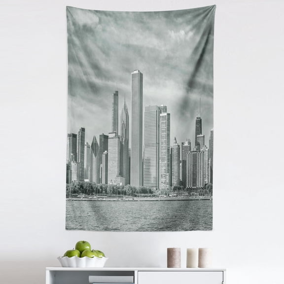 Chicago Skyline Tapestry, Black and White Filtered Photo of Waterfront Cityscape on a Cloudy Day Print, Fabric Wall Hanging Decor for Bedroom Living Room Dorm, 5 Sizes, Grey, by Ambesonne