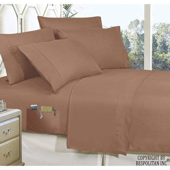 Elegant Comfort 4-Piece QUEEN- Smart Sheet Set! Luxury Soft 1800 Thread Count Egyptian Quality Wrinkle and Fade Resistant with Side Storage Pockets on Fitted Sheet, Queen, Taupe