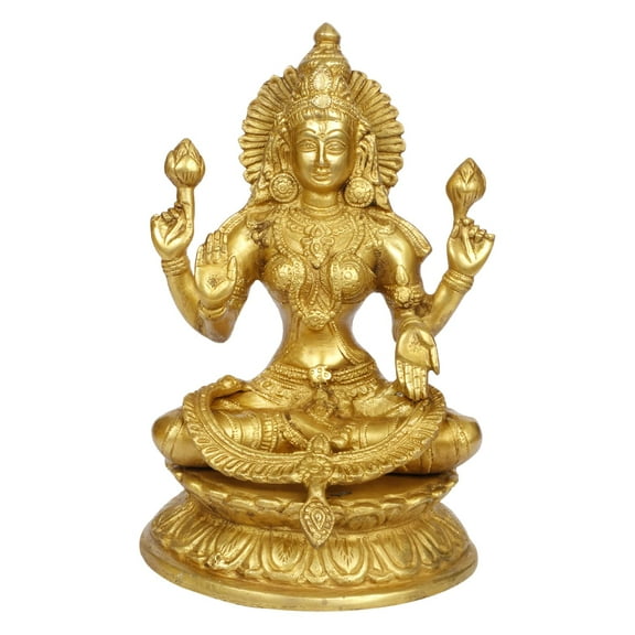 Brass World Laxmi Murti Brass Lakshmi Idol Laxmi Goddess Lakshmi Sitting Statue in Blessing Postures for Home Puja Mandir Temple Gold Color Height 9 Inch