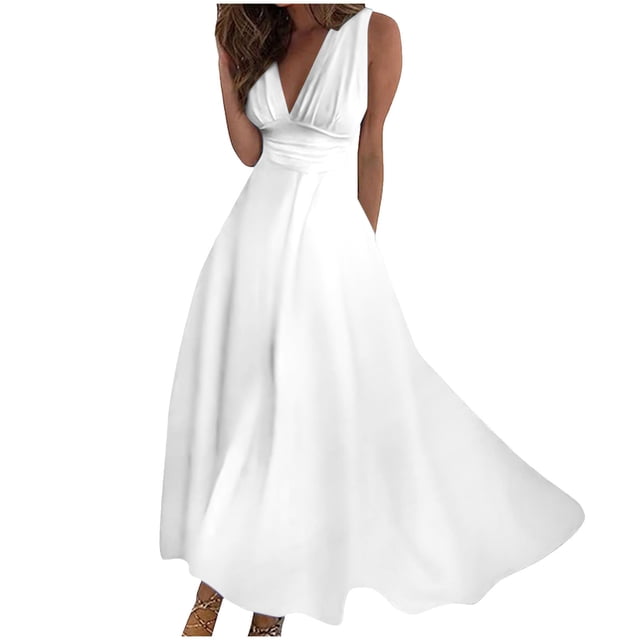 Gspmoly Robes pour Femmes, Robe Sans Manches de Printemps/été pour Femmes à Col en V Coloré, Poitrine Enveloppée, Robe Longue, Robes de Travail pour Femmes, Offres des Fêtes