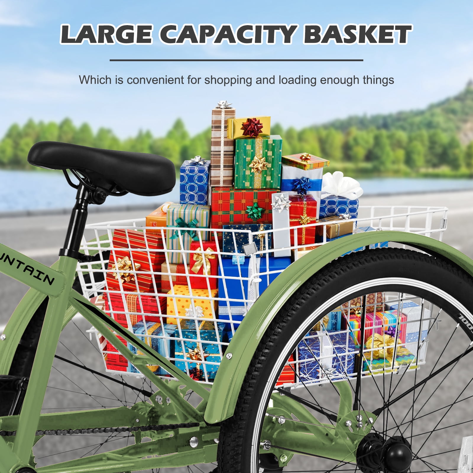 ABORON 24/26/27.5 Inch Adult Mountain Tricycle, 7 Speed Three Wheel MTB, Adults Trikes Cruiser Bikes with Shopping Basket & Accessories, Exercise Men's Women's Tricycles