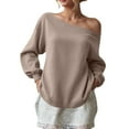 thumbnail image 2 of idosla Womens Fleece Lined Sweatshirt Off Shoulder Long Sleeve Pullover Top Oversized Shirt Basic Slouchy Clothes 2025 (Khaki, L), 2 of 5
