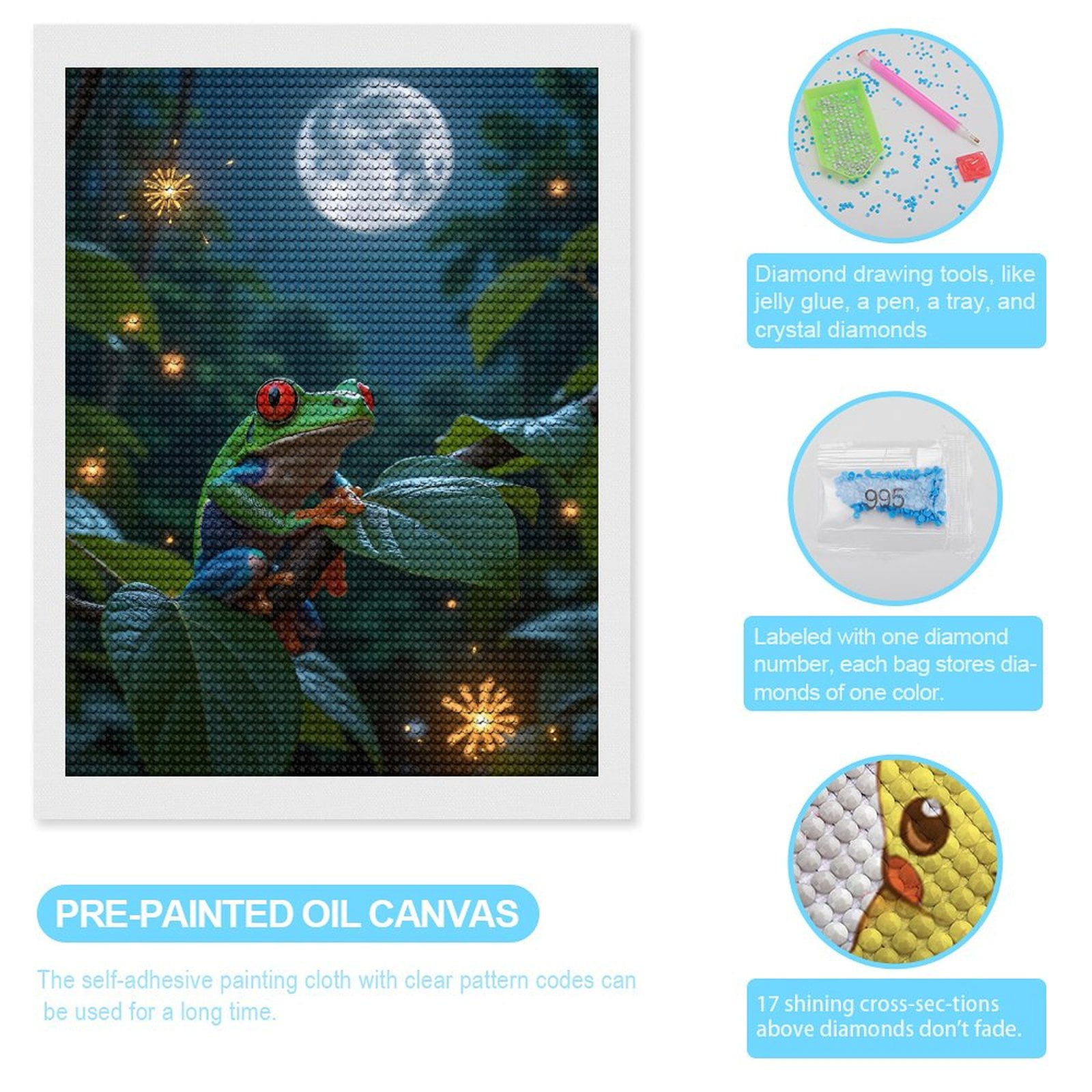 Diamond Art Kits for Adults, Frog Moonlit Jungle Branch Sparkles 5D Diamond Painting Kits for Adults Beginners, DIY Full Drill Diamond Painting, Gem Art and Crafts 12x16