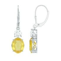 Yellow Sapphire Drop Earrings with Moissanite - 8X10 mm Oval Shaped Lab Grown Sapphire - AAAA Grade, 10K White Gold