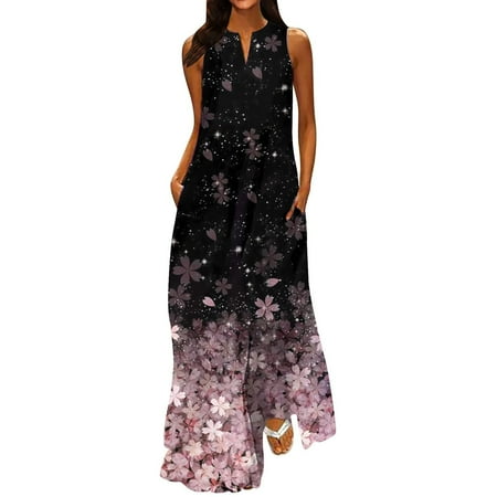 

YanHoo 2023 Beach Maxi Dresses for Women Sleeveless Split V Neck Tank Dress Summer Casual Print Dress with Pockets
