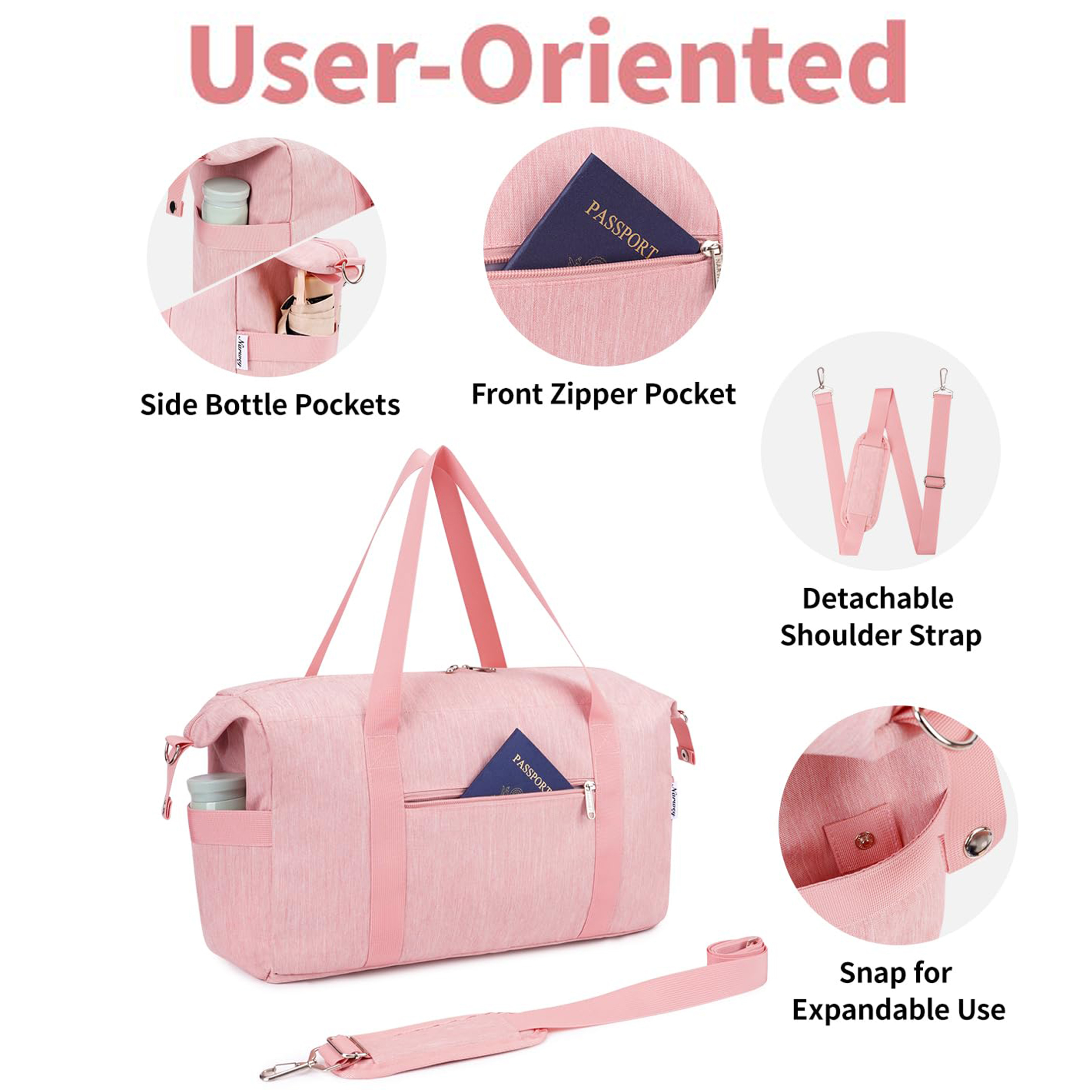 Carry on Underseat Bag Airplane Approved for Travel, Duffel Bag with Adjustable Straps & Wet Pocket for Women and Men for Weekender Gym, 30L, Pink