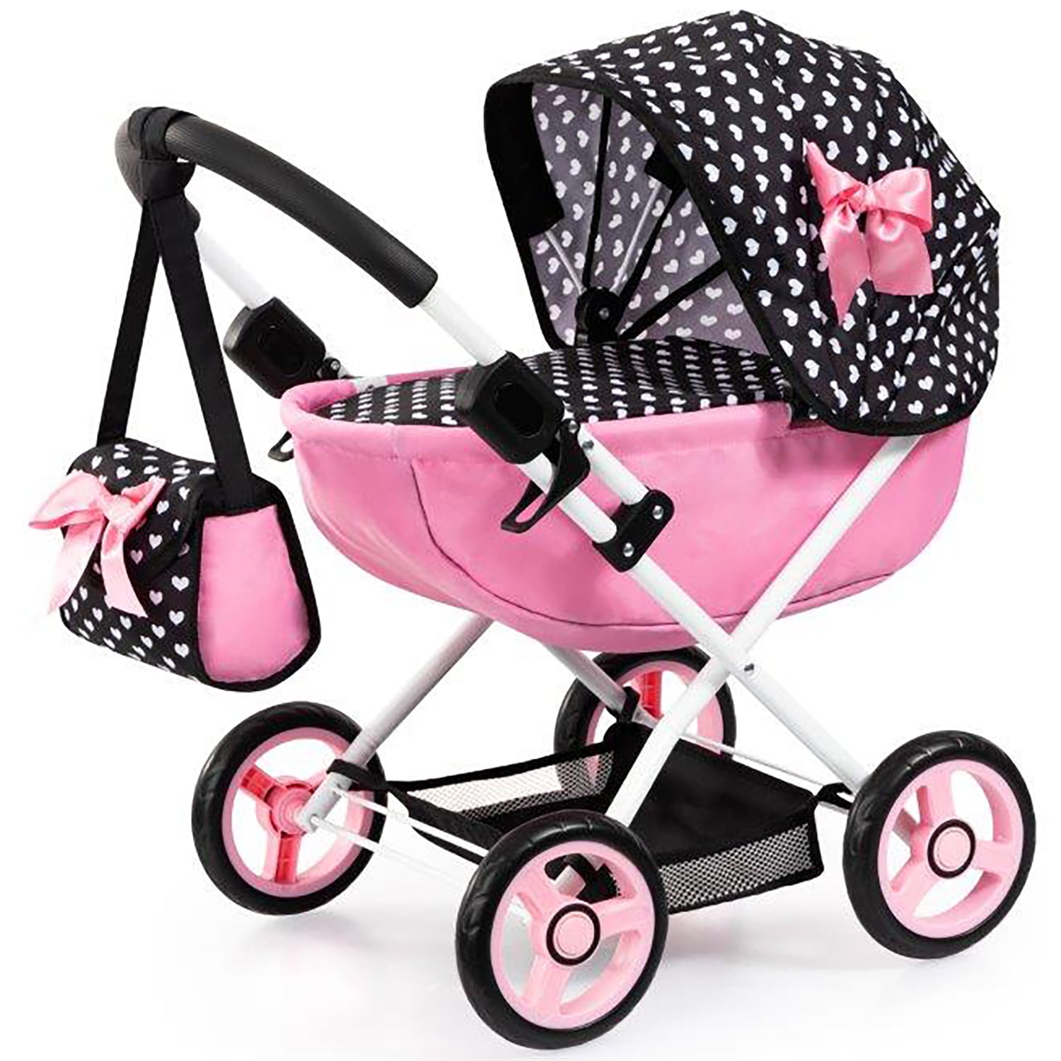 Bayer Design: Doll Pram Cosy - Black-Pink-Hearts - Play Push Stroller, Shoulder Bag, Foldable, Sun Canopy, Toy Accessory For Dolls Up To 18", Kids 3+
