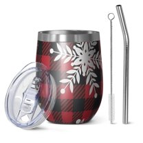 12oz Stemless Wine Tumblers Red Christmas Snowflake and Plaid Pattern Vacuum Insulated Stainless Steel Travel Tumbler Cups Mug with Lid and Straw for Champaign,Cocktail,Beer with Cleaning Brush