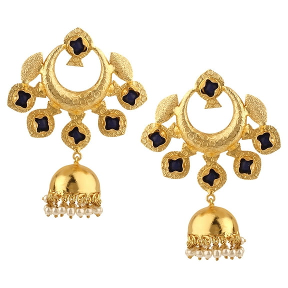 Efulgenz Indian Bollywood 14K Gold Plated Crystal Kundan Pearl Peacock Inspired Jhumka Jhumki Earrings Jewelry Set (Black)