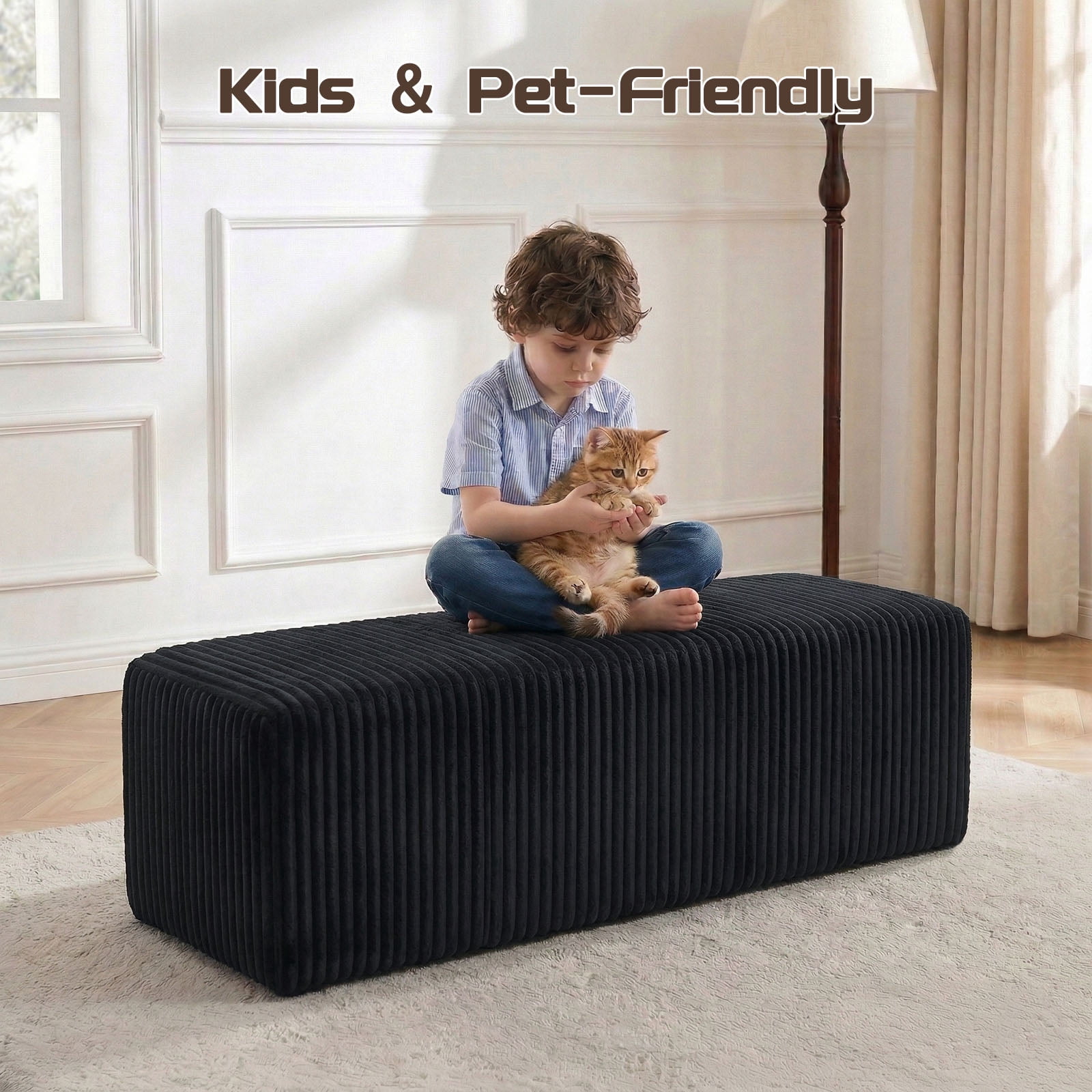 50.5" Oversized Rectangle Cloud Ottoman, Black Corduroy Upholstered Coffee Table & Extra Seating, Large Compressed Foam Floor Bench, No Assembly Required