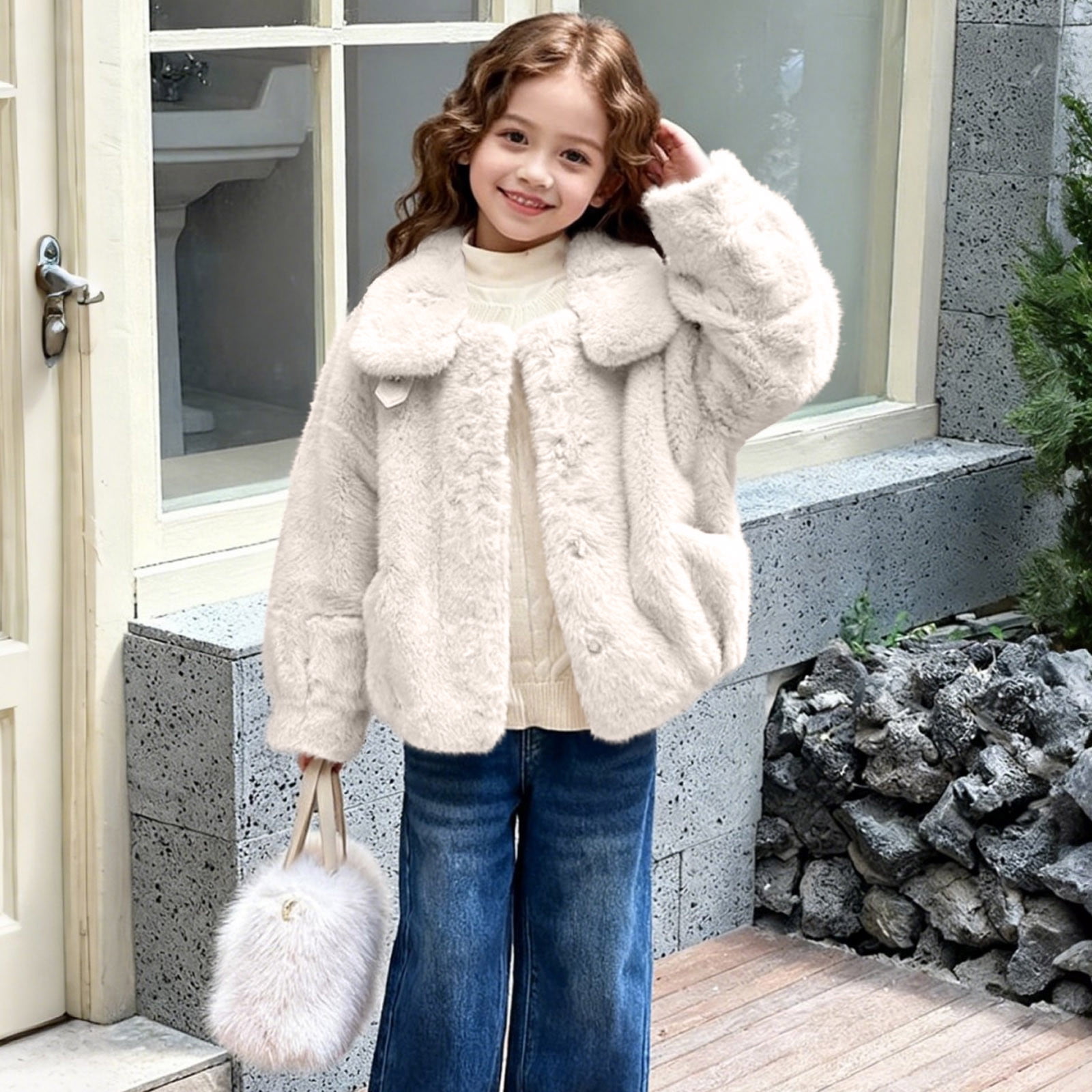 Girls Faux Fur Coat Winter Warm Long Sleeve Open Front Furry