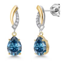Gem Stone King 925 Silver and 10K Yellow Gold Persian Blue Moissanite and White Lab Grown Diamond Dangle Earrings for Women | 2.33 Cttw | Gemstone Birthstone | Pear Shape 8X6MM