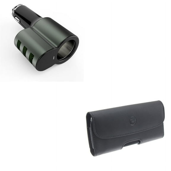 Black PU Leather Case w 25W Car DC Socket Charger Three USB 5.1Amp X1X Compatible With Google Pixel 3a XL