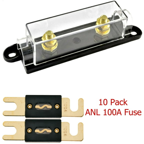 1/0/4/8 Gauge ANL Fuse Holder with 10 Pack Gold Plated 100 Amp ANL Fuse