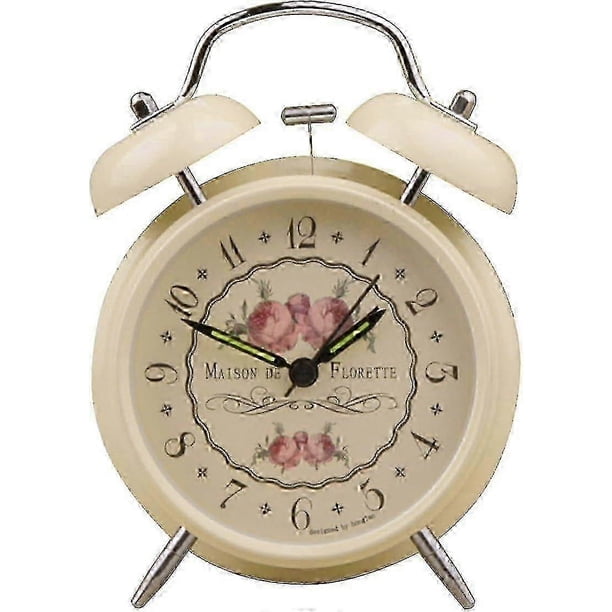 Silent Morning Alarm Clock, Vintage Retro Alarm Clock Night Light Loud Ringing Double Bell Quartz Analog Metal Battery Operated
