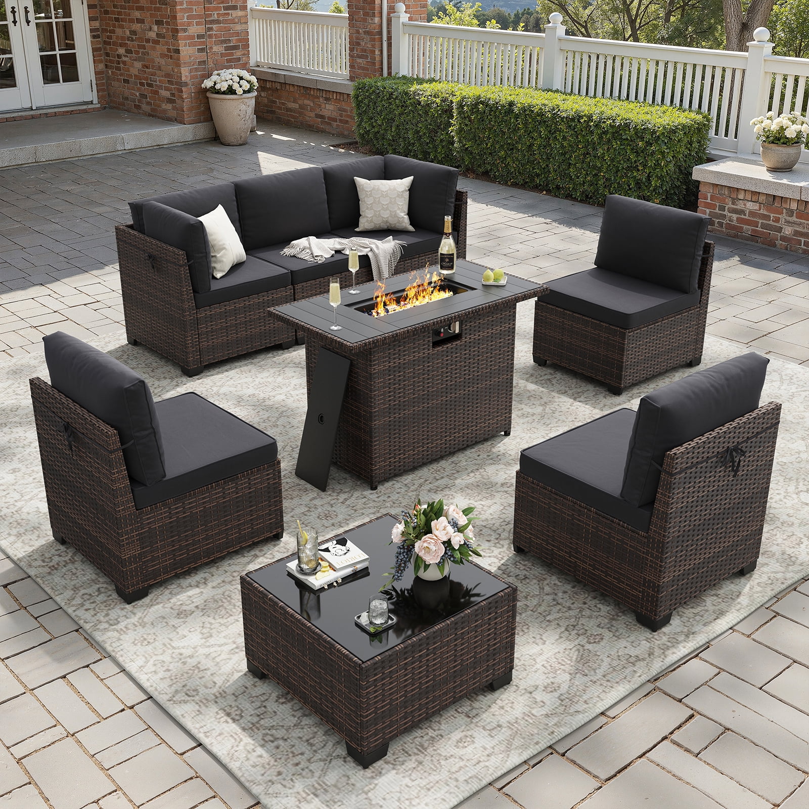 STARY 8 Pieces Outdoor Furniture Set with Fire Pit Table, Wicker Patio Sectional Sofas, All-Weather Outdoor Conversation Set for Garden, Black