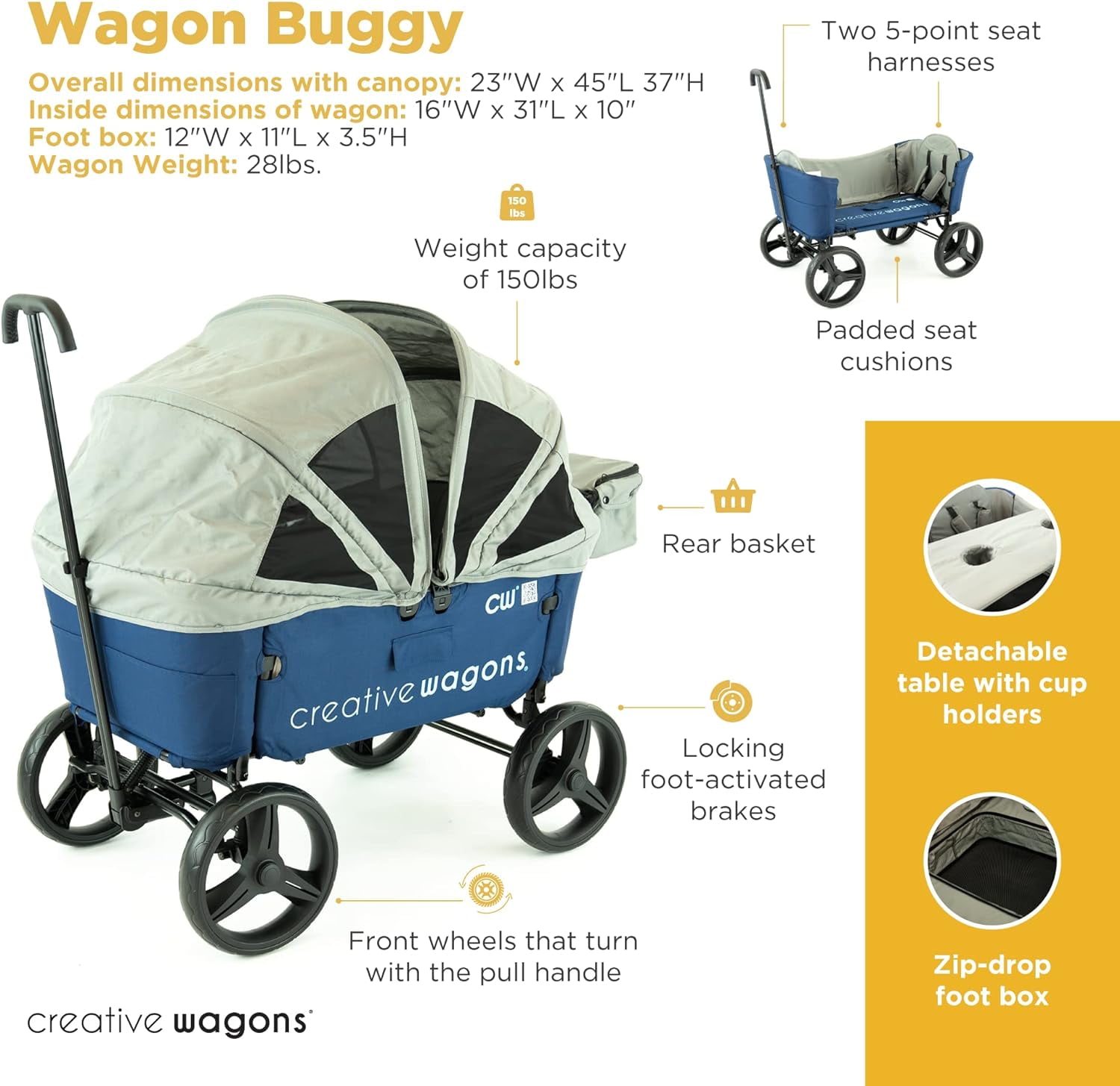 Creative Outdoor Stroller Wagon with Canopy for Kids Push Pull Folding Wagon, Blue
