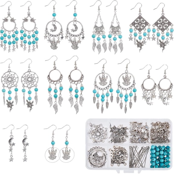 1 Box DIY 10 Pairs Angel Fairy Charm Boho Style Chandelier Charms Earring Making Kit Feather Star Dream Catcher Pendants for Jewelry Making Kits Adult Women DIY Craft Beginner Supplies